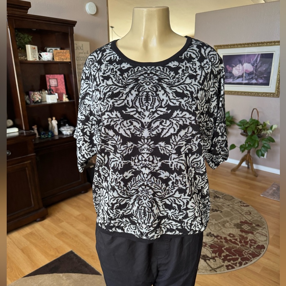 Calvin Klein black & gray Ornate short sleeve sweater XL NWT